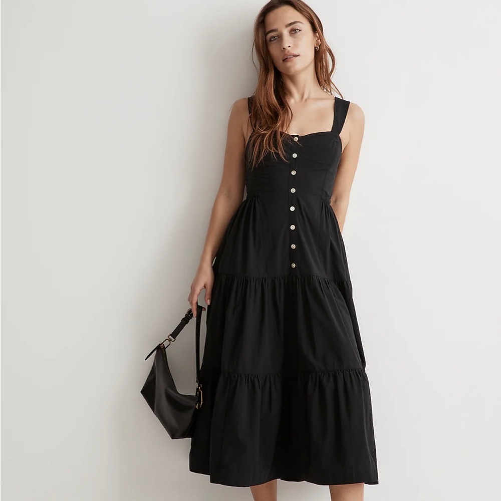 Madewell Button-Front Tiered Midi Dress Size 12 Black
